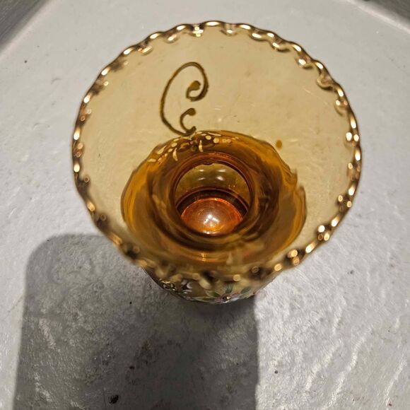 Bohemian Hand Blown Hand Painted Gold Rimmed Amber 3.5" Vase - Picture 4 of 10